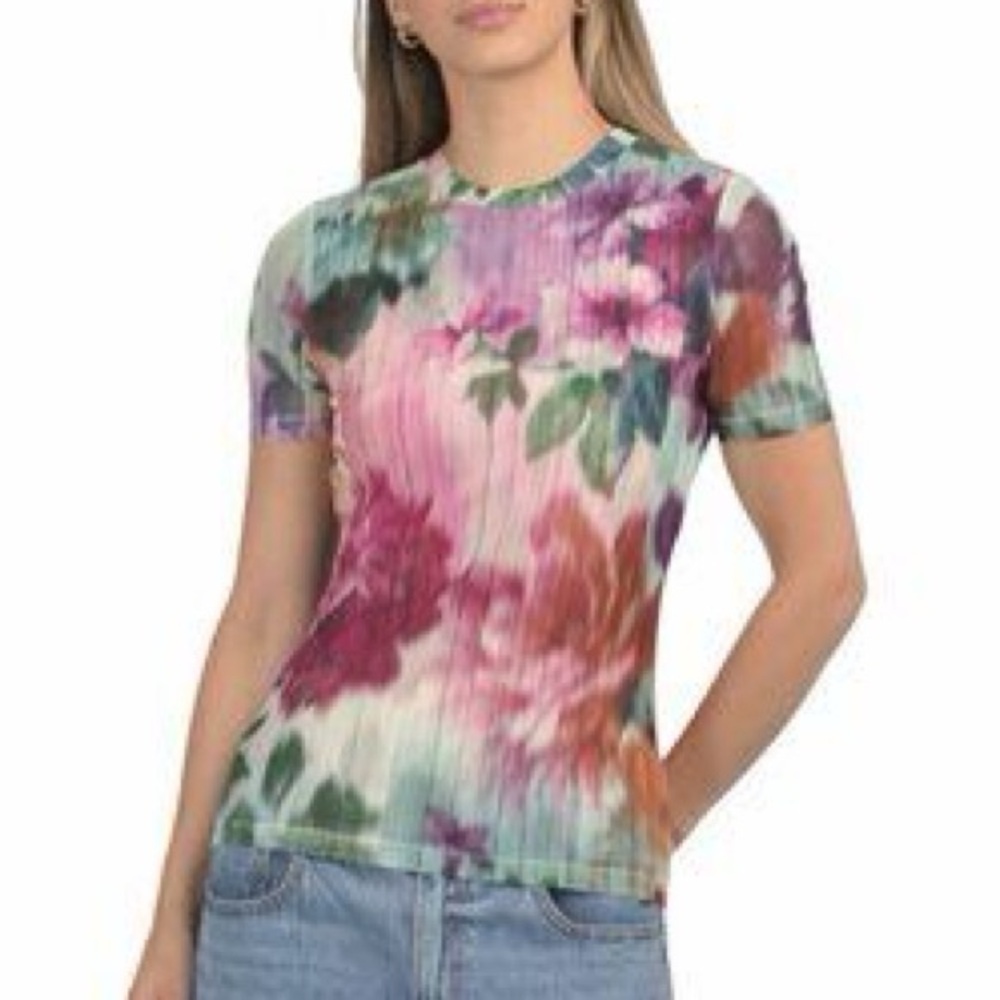 Johnny Was Multicolor Floral Ribbed Short Sleeve Tee